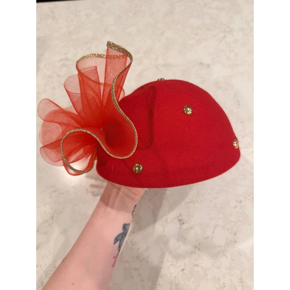 Vintage Red Wool Pillbox Hat Gold‎ Studs Oversized Mesh Bow Holiday Fascinator
